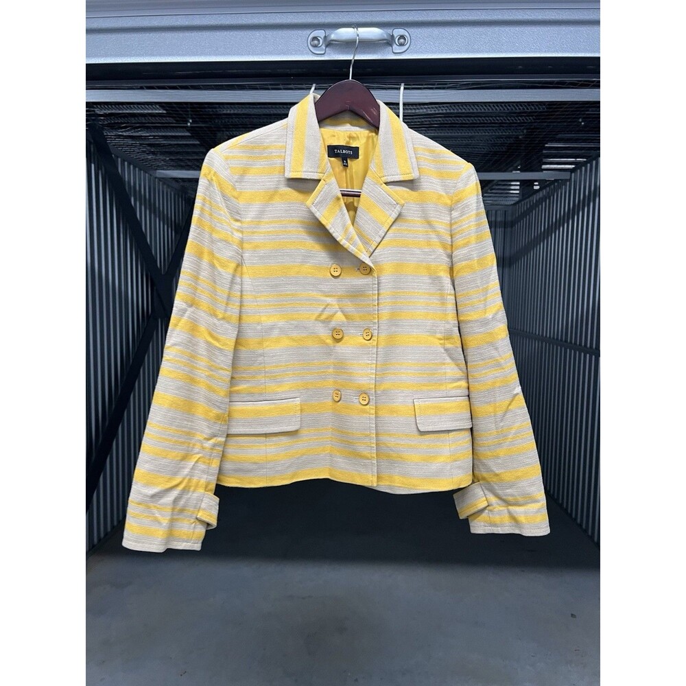 Talbots Linen Blend Yellow Beige Stripe Double Breasted Jacket Size 16